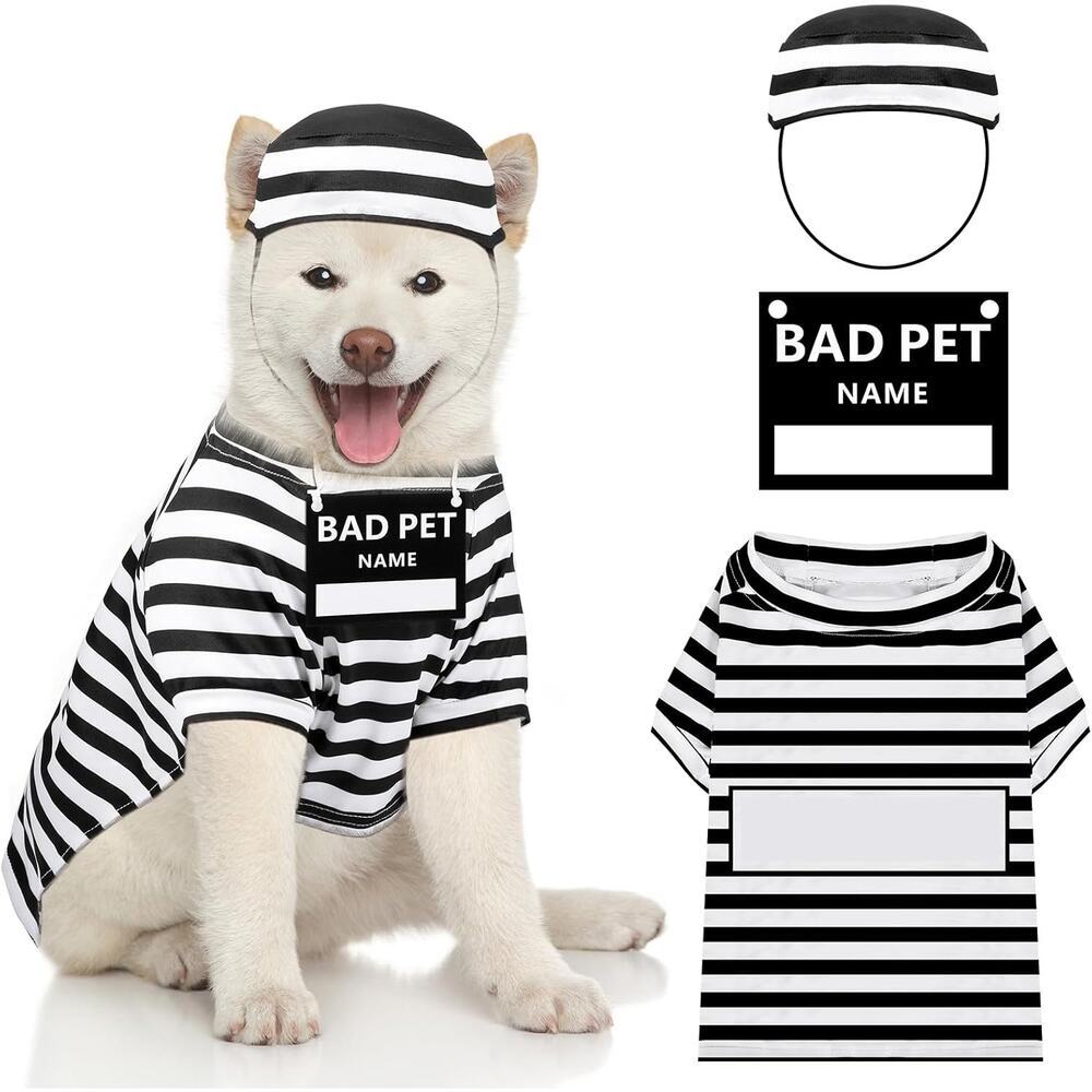 Funny Dog Prisoner Costume Small Halloween Prison Pooch Shirt Hat Pet Set